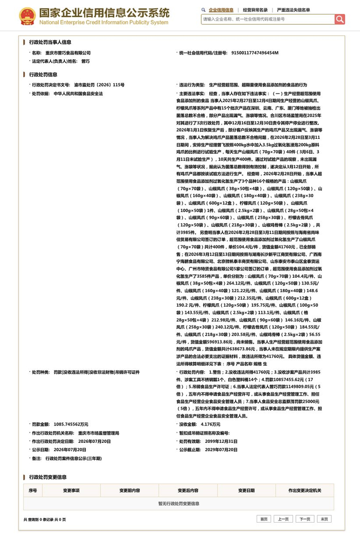 使用过氧化氢生产鸡爪！涉事企业被罚超1000万