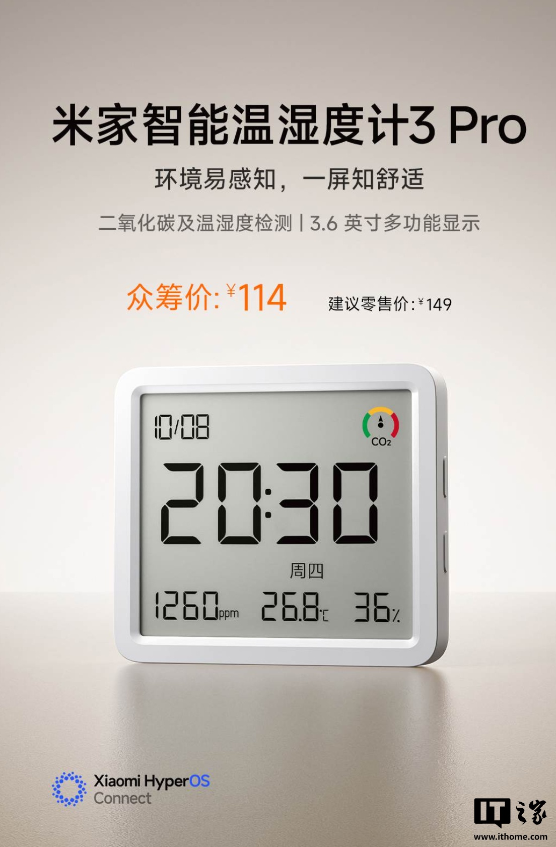 114 元：小米米家智能温湿度计 3 Pro 开启众筹，新增二氧化碳浓度监测